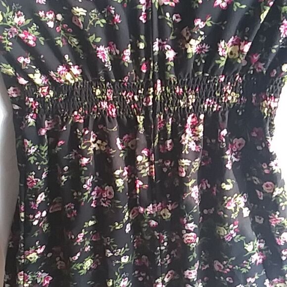 Worthington Dress Vintage 80s 90s Puffed 3/4 Sleeves Floral Pink on Black 10/12 - Picture 11 of 13